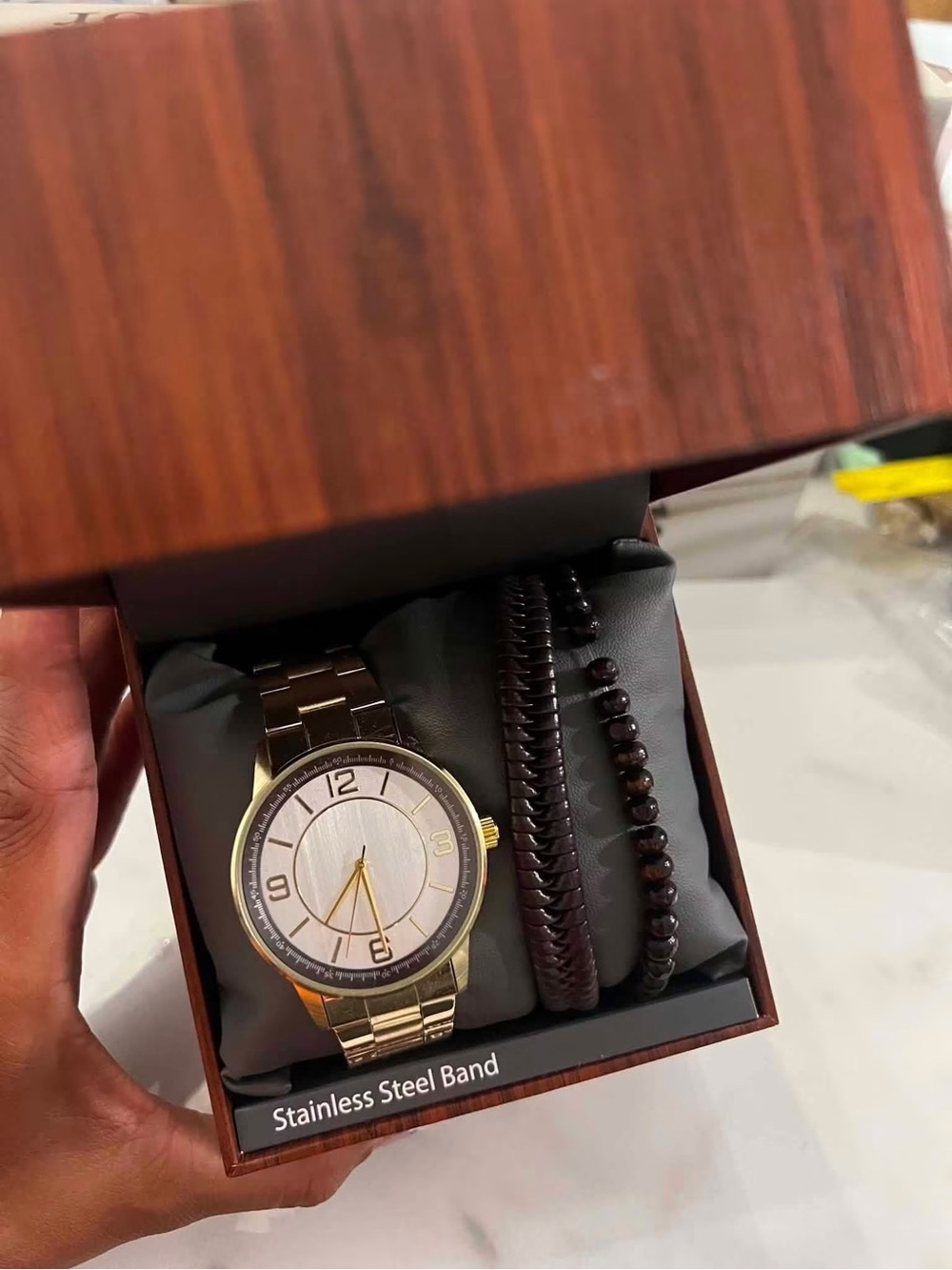 Folio Men's Gold Stainless Steel Watch with Brown Bracelet Set
